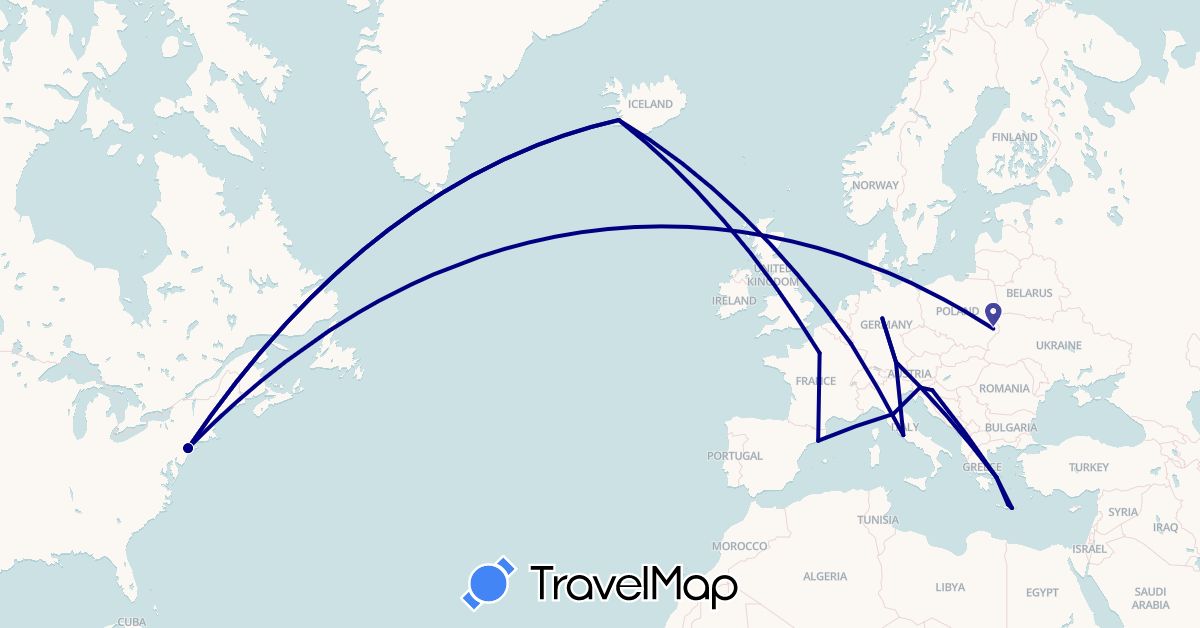 TravelMap itinerary: driving in Germany, Spain, Greece, Croatia, Iceland, Italy, Luxembourg, Slovenia, United States (Europe, North America)